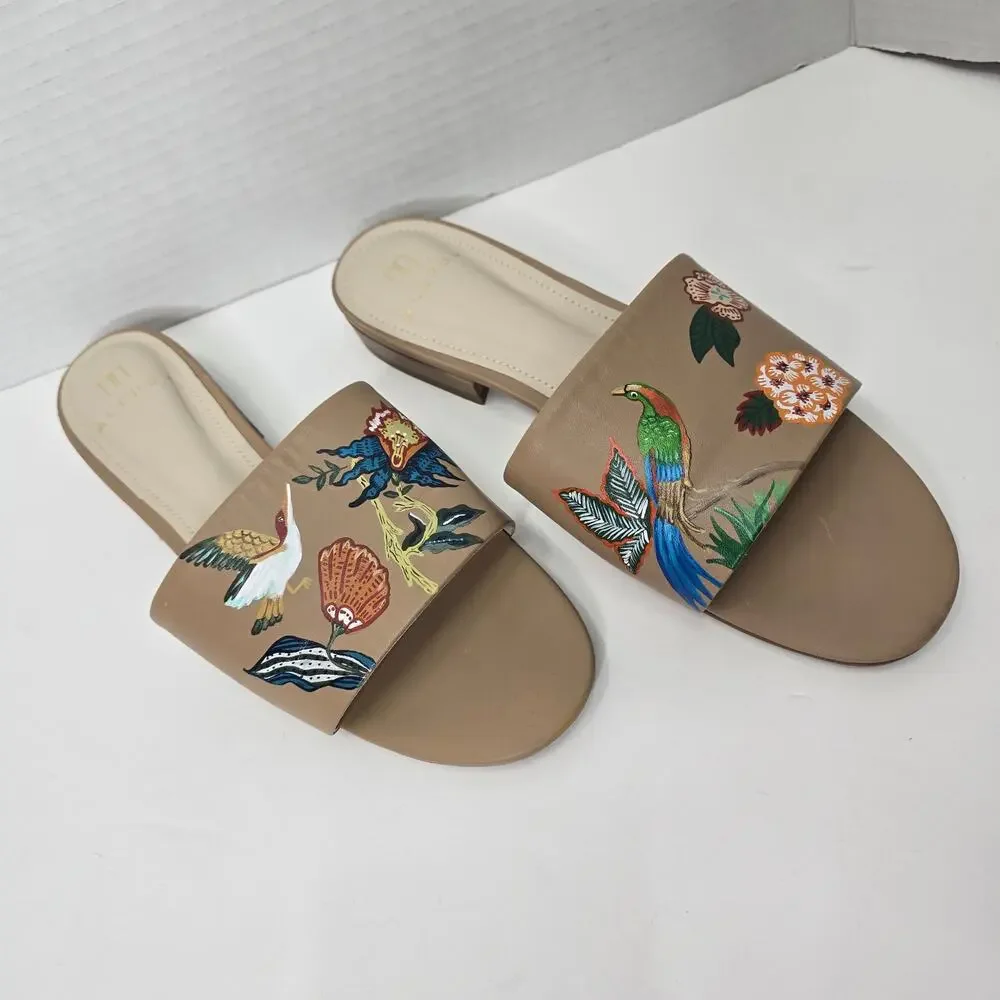 ALEPEL BIRD FLORAL BEIGE SLIDES, SIZE 8
